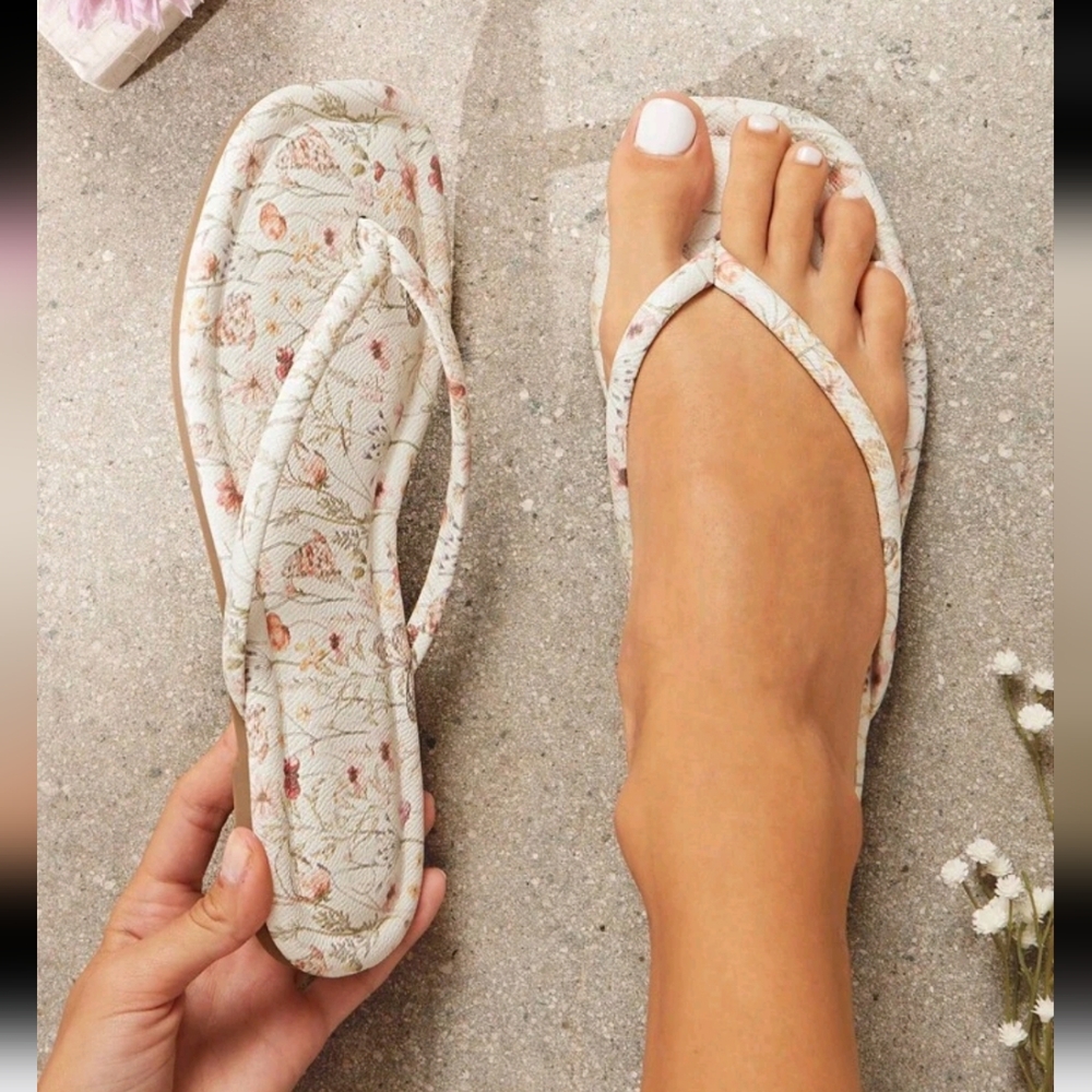 Women Comfortable Floral Print Thong Flat Sandals